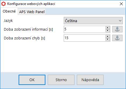 3.12. Webové aplikace V tomto okně se konfiguruje obecné nastavení webových aplikací a specifické nastavení pro APS Web Panel. 3.12.1. Jazyk Vyberte z menu žádoucí jazykovou mutaci. 3.12.2. Časové limity Doba v sekundách, po kterou jsou zobrazeny informační a chybová hlášení.