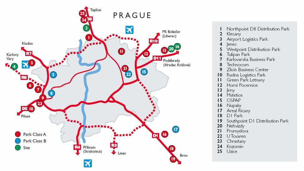 Obr. 5. Logistická centra v zázemí Prahy Pramen : Colliers International (2007) Real Estate Rewiev [online]. Dostupné z <http://www.industrialproperties.