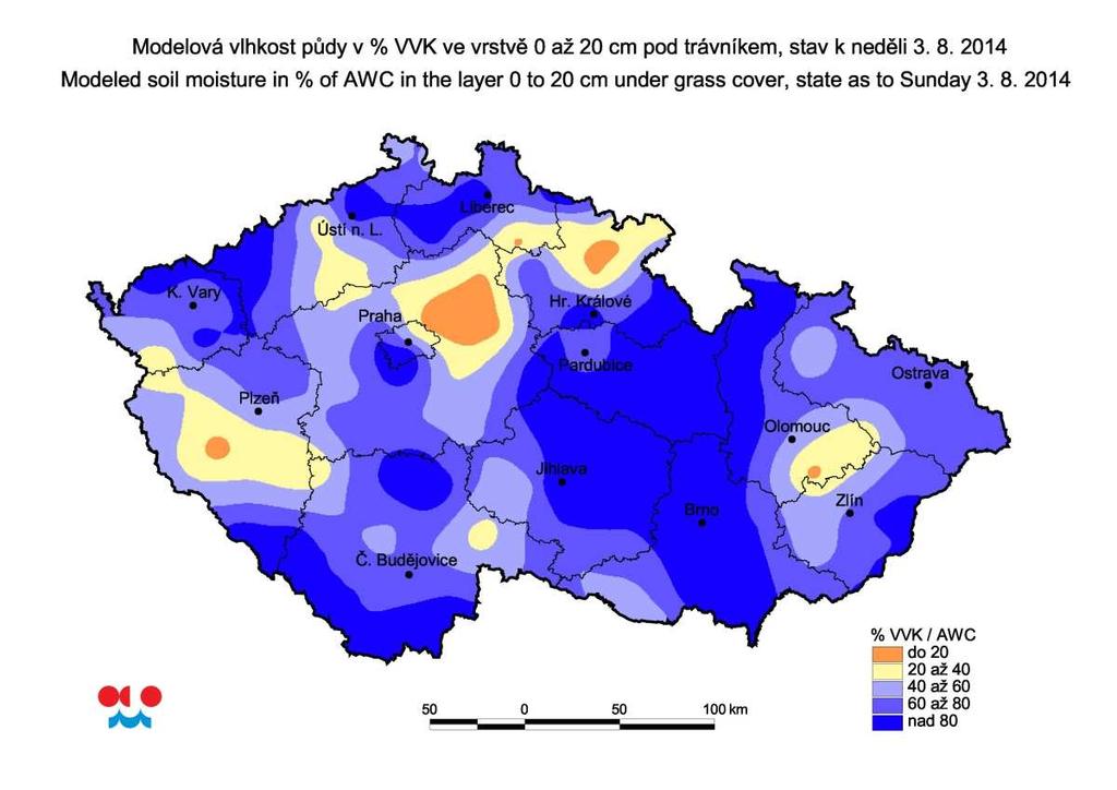 F: Vlhkost půdy Vlhkost půdy v orniční vrstvě se na téměř celém území ČR zvýšila, vlivem vydatnějších srážek místy i výrazně.