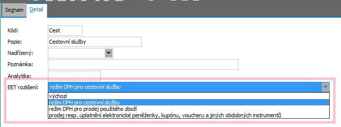 Číselník Typy příjmů nová položka EET rozlišení Spolu s přidáním uvedené položky, byl typ příjmu doplněn i na skladovou kartu.