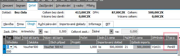 peněženky). U ostatních typů příjmu lze ponechat třídu skladové karty na hodnotě Jednoduchá.