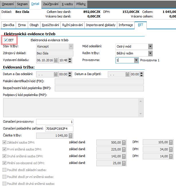 Pokud je založen doklad, který je z řady, která má vybránu Provozovnu EET, automaticky se na záložce EET v detailu dokladu zaškrtne příznak EET a doklad je tím označen, že podléhá EET.