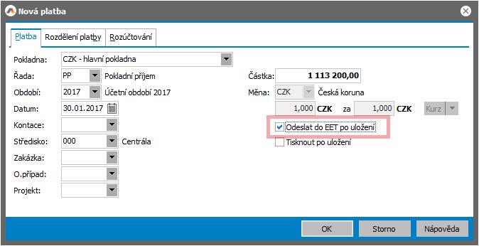 Dialog Nová platba Po uložení platby dojde k odeslání tržby do EET.