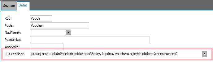 Záložka EET uplatněný voucher vstupuje do celkové částky plateb, které je následným čerpáním nebo zúčtováním platby 3.4.