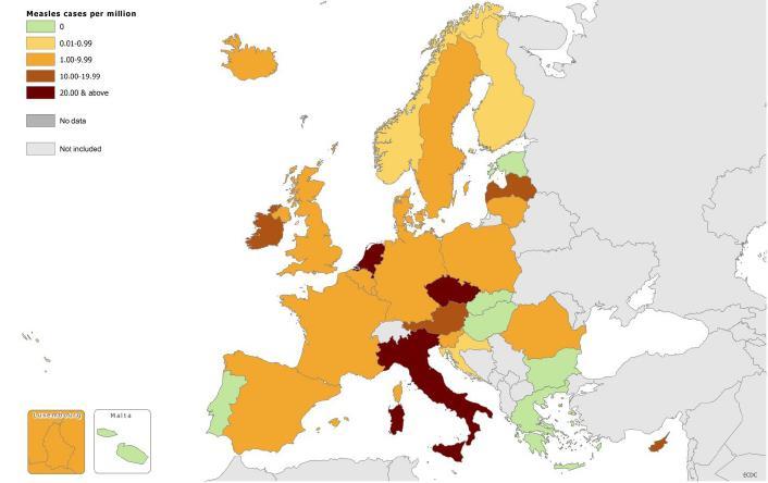 Hlášené případy spalniček v EU v 1-12/2014 4 735 případů (IT 1700)