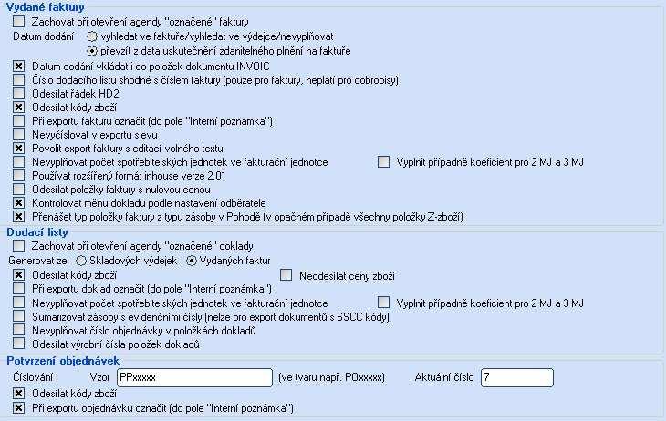 VYDANÉ DOKLADY Obsahuje nastavení týkající se jednotlivých typů vystavených dokladů, které jsou následně exportovány s pomocí modulu Jazz EDI.