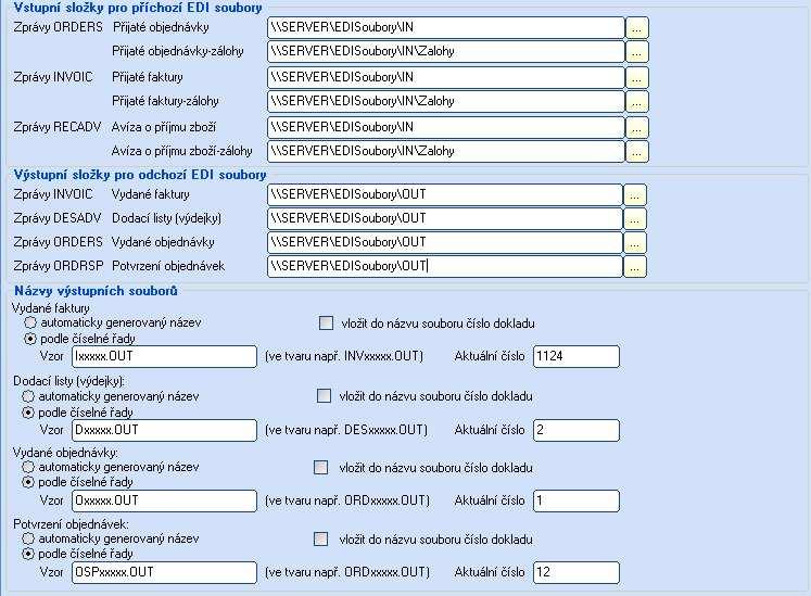 EDI SOUBORY Obsahuje nastavení týkající se souborů, které jsou přijímány z komunikačního EDI rozhraní (přijaté objednávky, přijaté faktury, avíza o příjmu zboží) nebo naopak do něj odesílány