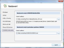 6.1.7 CODEXIS, Kalkulačka Nastavení cesty k aplikaci PRÁVNÍ KALKULAČKA. Tato aplikace je využívána pro výpočet odměn/ nákladů ve vyúčtování spisu. Nastavení cesty k aplikaci CODEXIS.
