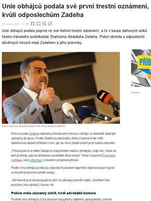 Unie obhájců podala své první trestní oznámení, kvůli odposlechům Zadeha Shahram Abdullah Zadeh Galát Unie obhájců Václav Vlk Íránec Petr Malý Unie obhájců podala své první trestní oznámení, kvůli
