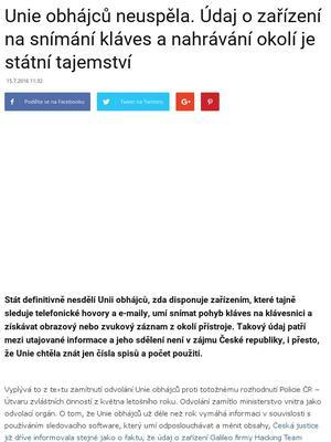 Rubrika: Advokacie 15. července 2016, 11:32 Unie obhájců neuspěla. Údaj o zařízení na snímání kláves a nahrávání okolí je státní tajemství České republiky ministerstva vnitra Sb.