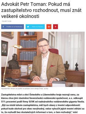 Advokát Petr Toman: Pokud má zastupitelstvo rozhodnout, musí znát veškeré okolnosti Petr Toman České republice Veolia Nejvyššího soudu ČR Sb., a.s. Advokát Petr Toman: Pokud má zastupitelstvo rozhodnout, musí znát veškeré okolnosti 15.