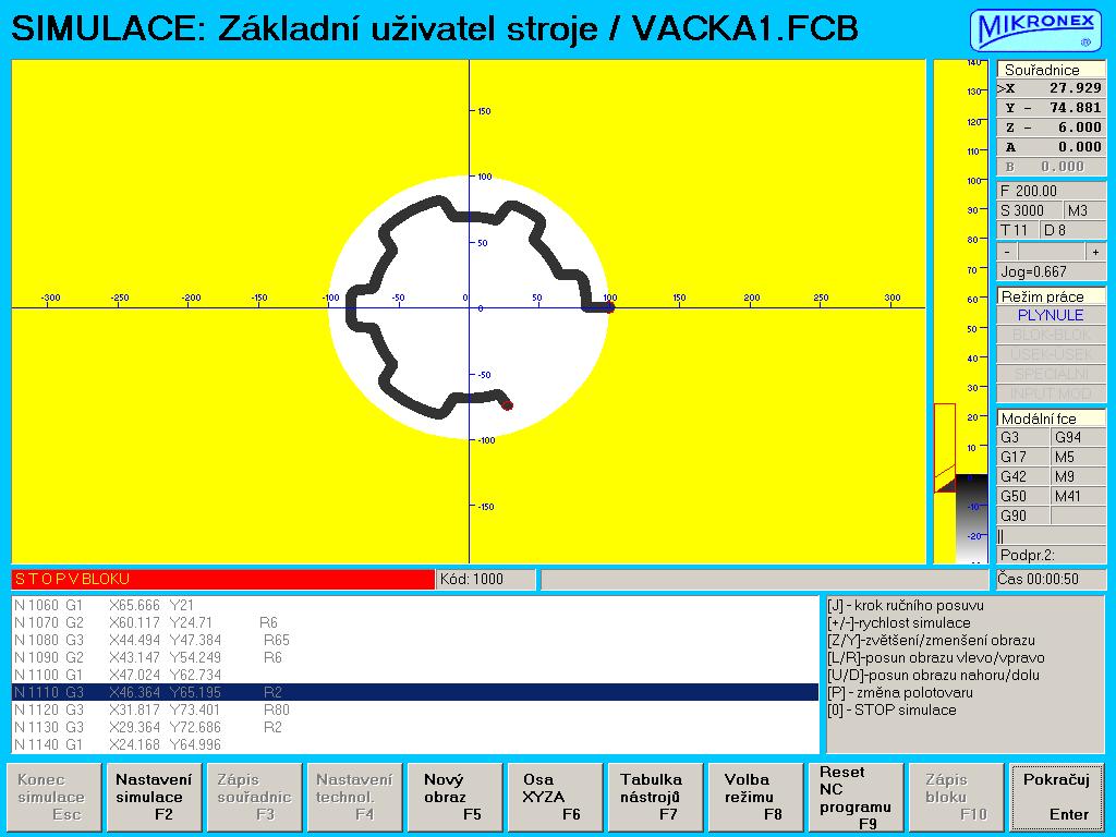 (nástrojové korekce). 12.2.6 Simulace Režim simulace umožňuje odzkoušení zapsaného NC programu grafickou simulací pohybu nástroje bez spouštění stroje.