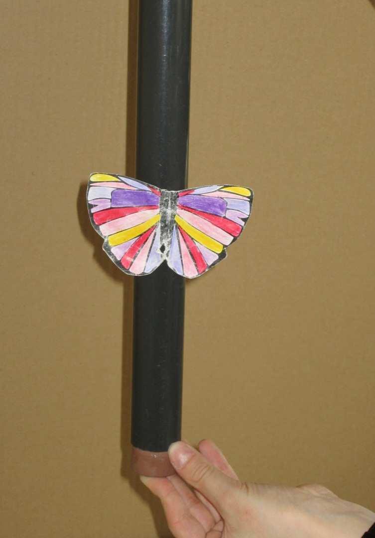 Létající motýl na tyči Motýl je kancelářskou sponkou přidělaný nadutou tyč, která je naplněna vodou.