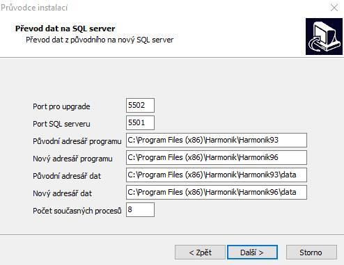 Hodnotu počtu současně procesů doporučujeme ponechat. Lze změnit "Port pro upgrade", který slouží pro potřeby upgrade, při přenosech dat ze serveru 9.3 na server 9.6, doporučujeme ale port neměnit.