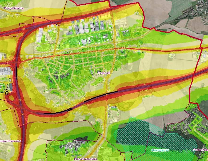 Obr. 8: Strategická hluková mapa stav v roce 2011 pro noc (Ln) Zdroj: [2] Na následujících obrázcích jsou