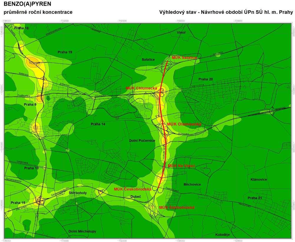 Obr. 28: Průměrná roční koncentrace benzo(a)pyrenu po zkapacitnění stavby 510 ve stavu naplnění ÚP SÚ hl. m.