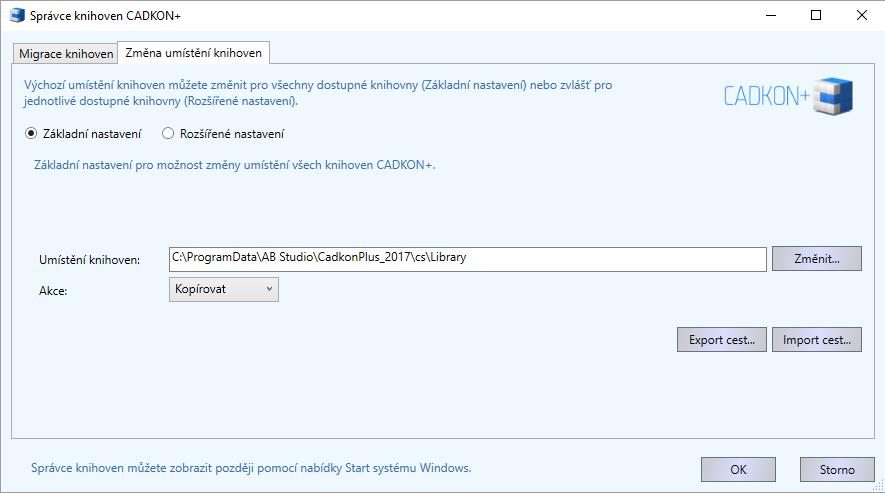 Pro změnu umístění knihoven se přepněte na kartu Změna umístění knihoven K dispozici jsou dvě varianty nastavení změny umístění knihoven: 1.