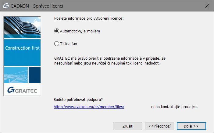 3. V tomto dalším okně vyplňte všechny nezbytné informace potřebné pro vytvoření licence a stiskněte Další.