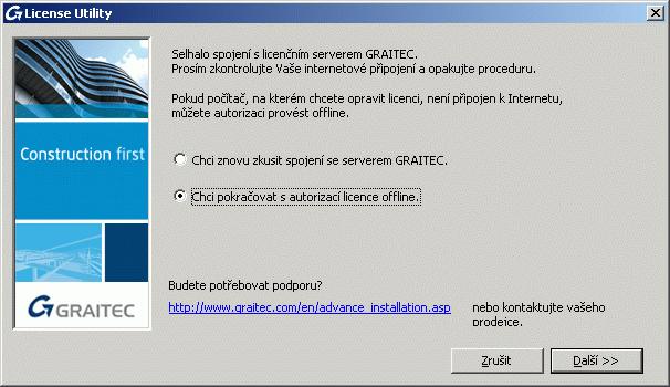 Aktualizace licence offline 1. V prvním dialogovém panelu nástroje Správce licencí vyberte Opravit licenci aplikace a stiskněte Další. 2.