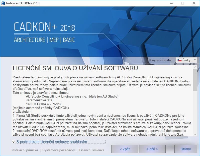 3. V dialogovém panelu Výběr jazyka zaškrtněte, v jaké jazykové verzi chcete CADKON+ nainstalovat a následně používat.