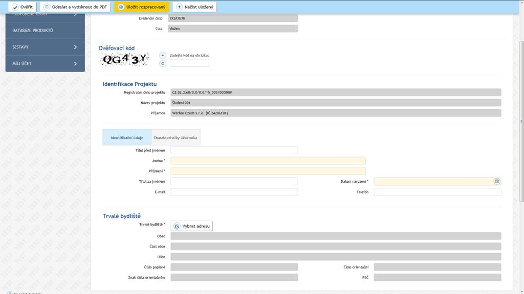 4.5.1 Vyplnění karty účastníka pomocí on-line webové formuláře Uživatel s rolí hlavní zástupce příjemce nebo zástupce příjemce má po přihlášení v detailu projektu na záložce Identifikace operace