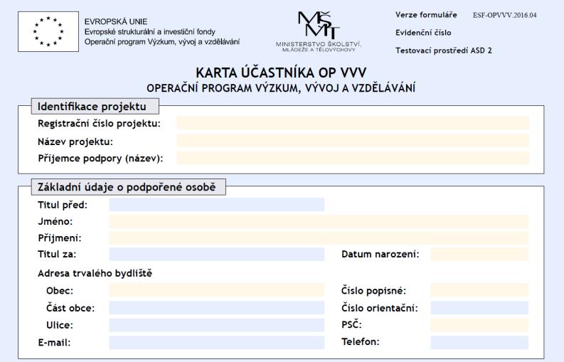 Formulář se skládá z několika částí: V části Identifikace projektu jsou předvyplněna needitovatelná pole Registrační číslo projektu, Název projektu a Příjemce podpory.