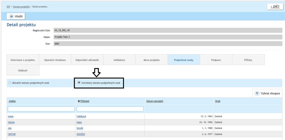 V seznamu podpořených osob lze libovolně přepínat odkazem Aktuální seznam podpořených osob a Schválený seznam podpořených osob.