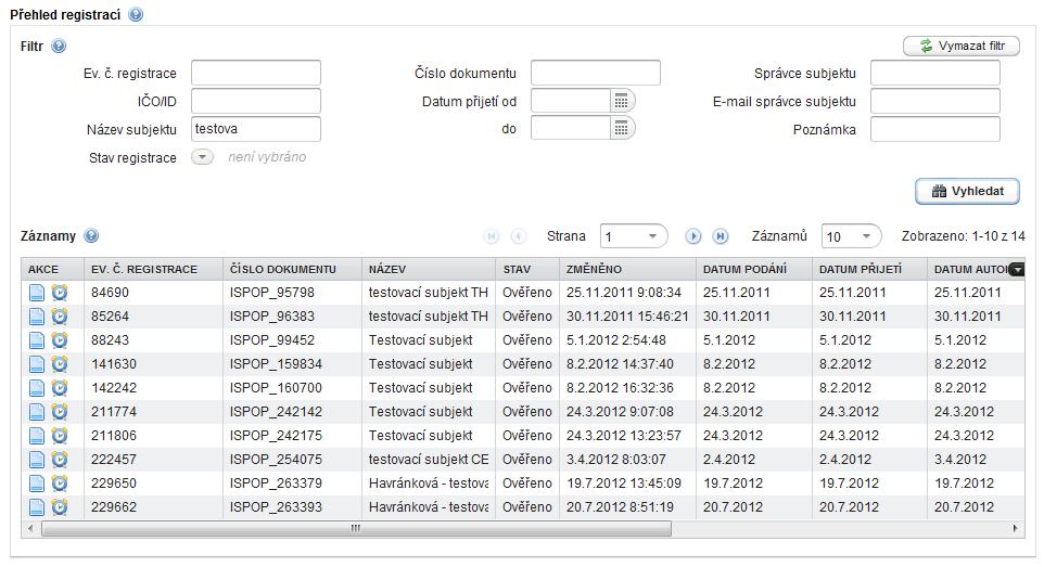 Uspořádání přehledu a použité prvky jsou patrné z následujícího obrázku (zde je uveden detail Přehledu registrací): zadávací kritéria pro hledání záznamů ovládací prvky stránek Přehledu tlačítka AKCE
