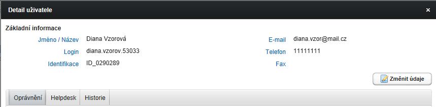 Detail uživatele (ikona Detail ve sloupci AKCE) je kromě základních informací o uživateli vybaven třemi záložkami: Oprávnění Helpdesk Historie Oprávnění Zde je uvedeno, jaká práva uživatel má: