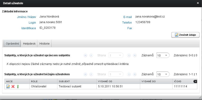 účtu po otevření Detailu ve Správě uživatelů -> Změna uživatele a klikne na akční