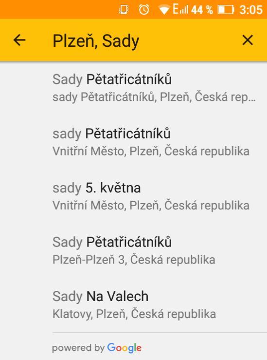 Obrázek 8 - Našeptávač místa Po zadání místa se uživatel vrátí z Activity PlaceAutocomplete a v předchozí Activitě je zavolána funkce onactivityresult(int,int,intent), která obdrží zpět zadaný kód