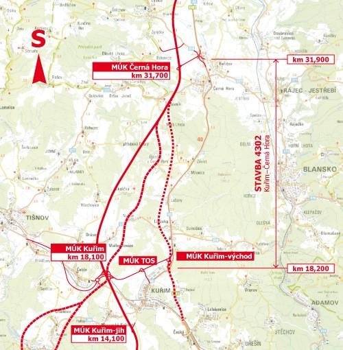 17. Návrh vedení R43 v úseku Kuřim Černá Hora podle Ředitelství silnic a dálnic