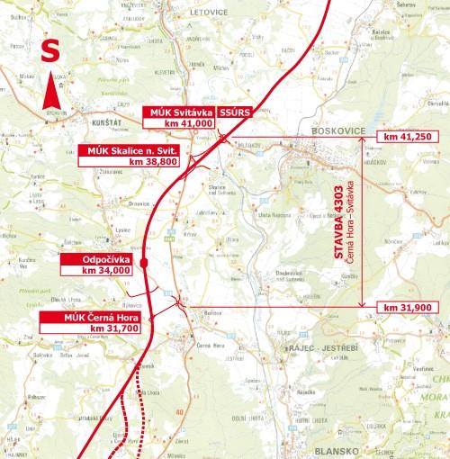 18. Návrh vedení R43 v úseku Černá Hora - Svitávka podle