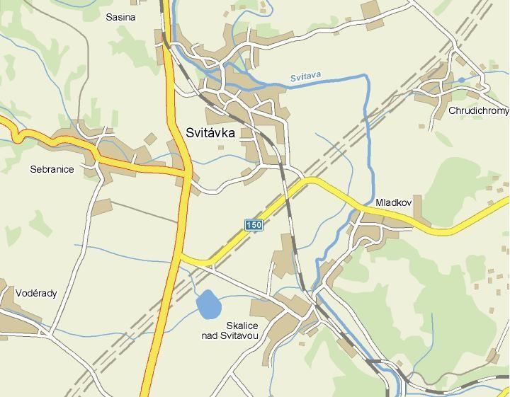 9. Okolí Svitávky, Sebranic s Skalice nad Svitavou na aktuální mapě, severojižní hlavní tah je silnice