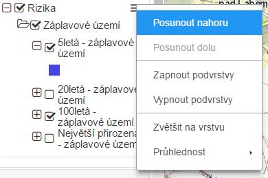 Mapové vrstvy Nejdůležitějším ovládacím prvkem je kontejner obsahující mapové vrstvy. Zaškrtávácí políčko zobrazuje stav dané mapové vrstvy (popřípadě mapové služby souboru mapových vrstev).