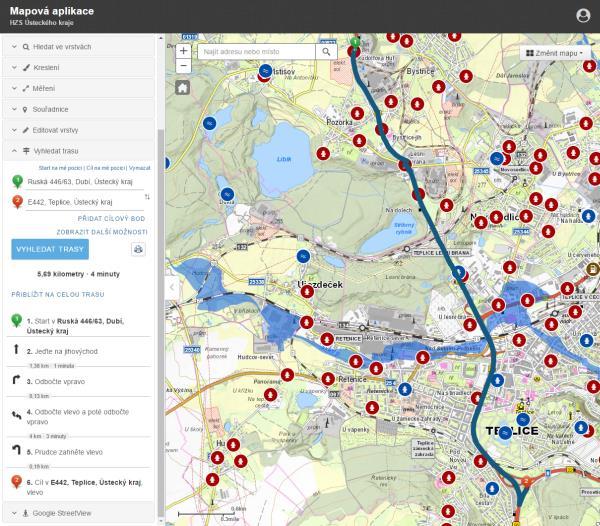 Vyhledat trasu Nástroj Vyhledat trasu umožňuje využití routovací služby pro vygenerování