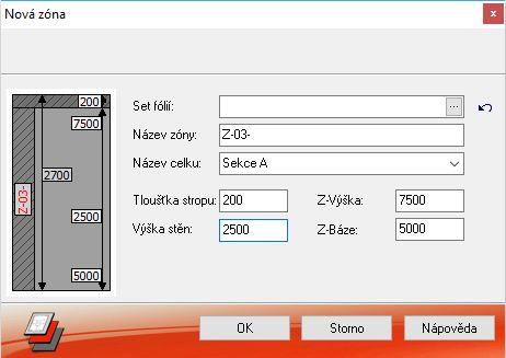 V levém okně jsou definované zóny zobrazeny jako stromová struktura se zobrazením výšky zóny a názvu zóny (např. Z-01).