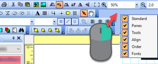 Oblast panelů nástrojů Jednotlivé panely nástrojů lze zapínat a vypínat kliknutím pravým tlačítkem myši v
