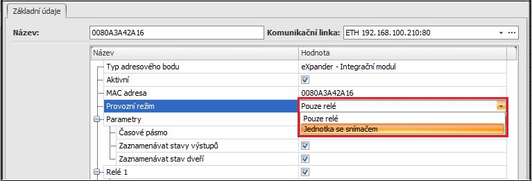 Adresový bod se po připojení expanderu do zařízení ebox automaticky vytvoří v této agendě. Jeho výchozí název je shodný s MAC adresou.