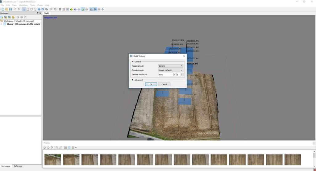 Postup zpracování snímků v software Agisoft Photoscan 1. vložení vybraných snímků 2. složka workflow > align photos> accuracy:medium > pair preselction:generic 3. build dense cloud > quality:medium 4.