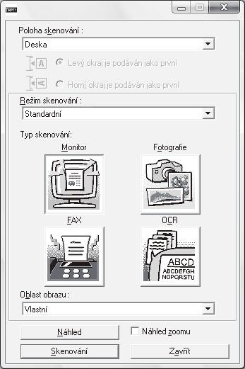 FUNKCE SKENERU Nastavení ovladače skeneru Obrazovka nastavení ovladače skeneru se skládá z "Obrazovka nastavení", která umožňuje zvolit nastavení skenování, a "Obrazovka náhledu", která zobrazuje