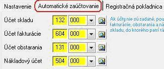 V záloţke Automatické zaúčtovanie nastavíte spôsob zaúčtovania skladovej karty. Účty sa načítajú automaticky z nastavenia skladu, pričom tieto údaje máte moţnosť editovať.