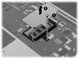 18. Vyjměte kryt pozice paměťového modulu (2). 19. Vyjmutí paměťového modulu: a. Odtáhněte pojistné svorky (1) na obou stranách paměťového modulu. Paměťový modul se nakloní nahoru.