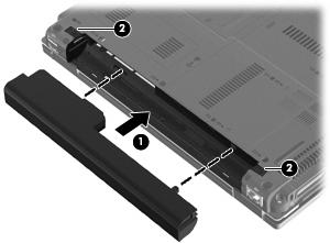 2. Zasunujte baterii do bateriové pozice (1), dokud se neusadí. Uvolňovací západky baterie (2) automaticky zajistí baterii v určené pozici. Vyjmutí baterie: 1.