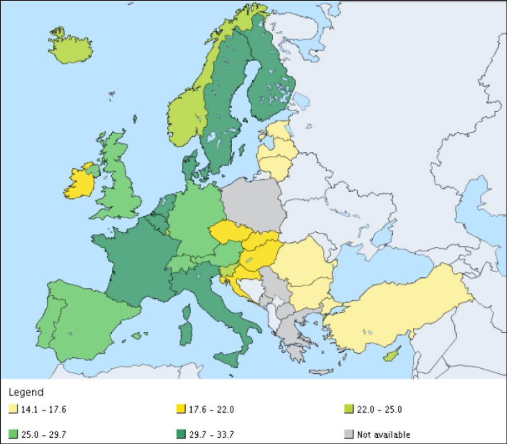 Podíl výdajů na sociální ochranu z celkového objemu HDP dané země se v jednotlivých zemích Evropské Unie značně liší.