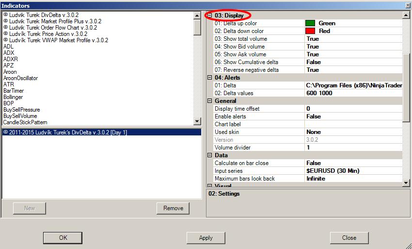 Sekce 03: Display obsahuje 7 položek, které si chronologicky podrobně popíšeme. 01: Delta up color může mít hodnotu libovolné barvy z rozbalovacího menu.