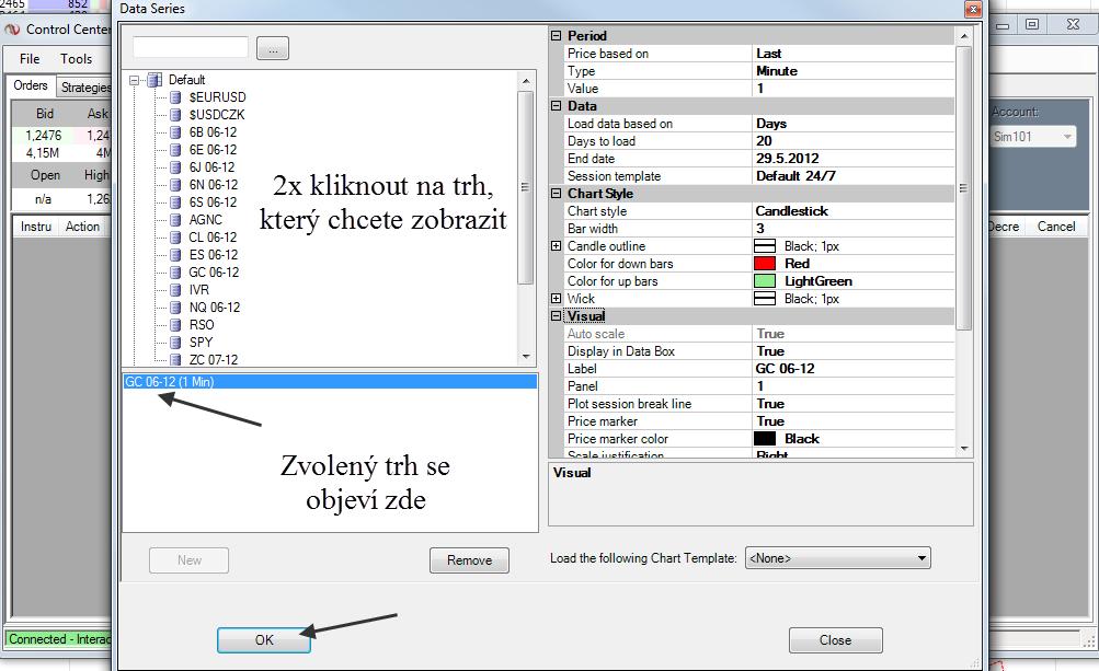 3. Jakmile se vám nový svíčkový graf načte, kliknete v něm pravým tlačítkem myši a zvolíte Inidicators. 4. Objeví se vám seznam všech dostupných indikátorů v rámci NinjaTraderu.