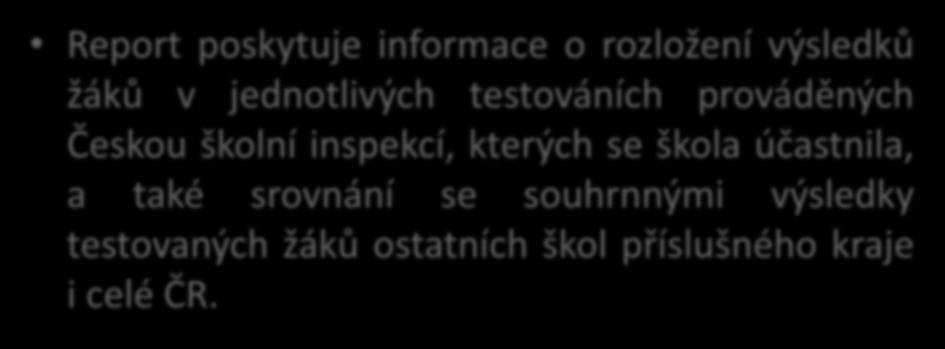 Výsledky testování prováděného Českou školní inspekcí Report poskytuje informace o rozložení výsledků žáků v jednotlivých testováních prováděných