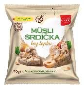 MÜSLI SRDÍČKA Rozkošná svačinka pro každého Müsli srdíčka křupavá kokosová Složení: OVESNÉ vločky 35 %, kokos 35 %, cukr, extrudát (rýžová mouka, cukr, SLADOVÝ výtažek, sůl), rostlinný olej (kokosový