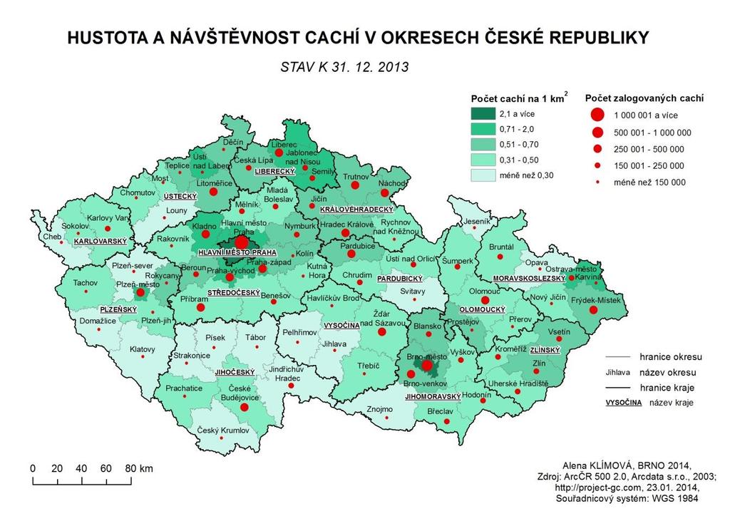 Obr. 3. Hustota a návštěvnost cachí v okresech České republiky k 31. 12. 2013 (zdroj: PROJECT GEOCACHING, 2014; vygenerováno 23. 01.